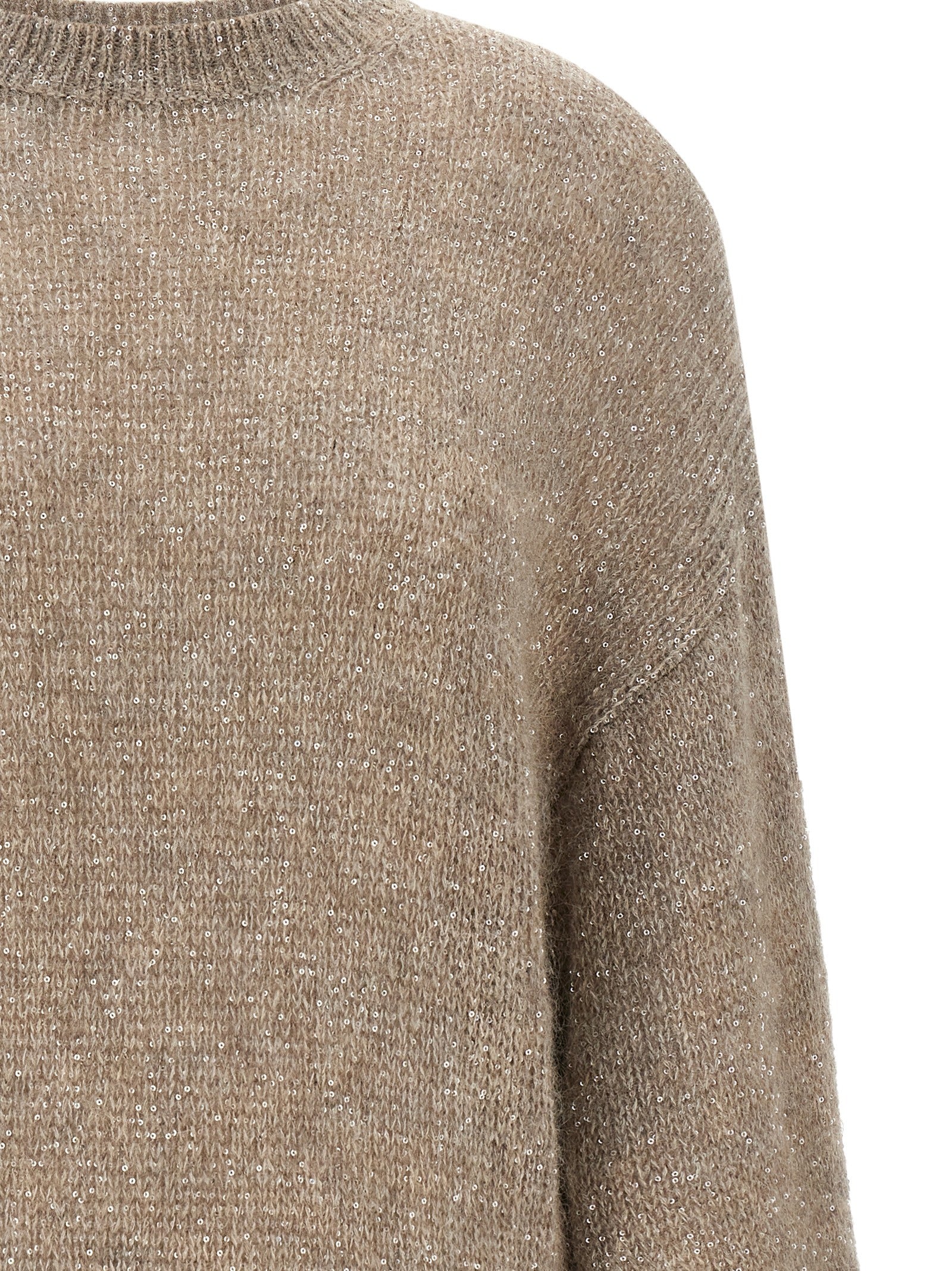 Cardigan by Brunello Cucinelli for women in mohair alpaca wool & sequins beige features an impeccable silhouette, showcasing a sophisticated wrap crew neckline and detail for a truly impeccable finish.
