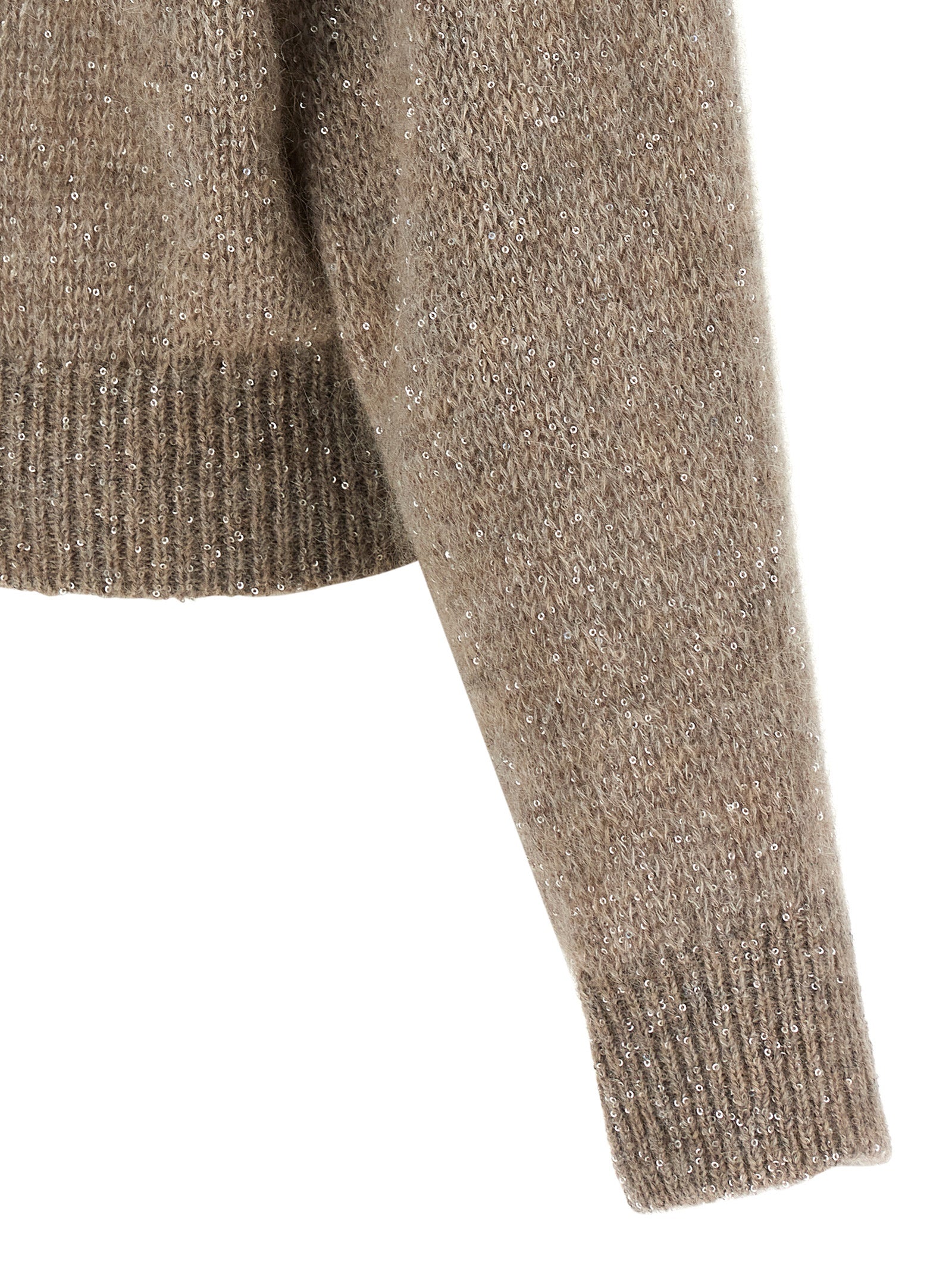 Cardigan by Brunello Cucinelli for women in mohair alpaca wool & sequins beige showcases a captivating silhouette, artfully detailed with a captivating and for a truly sophisticated captivating look.