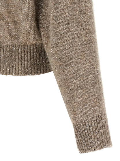 Cardigan by Brunello Cucinelli for women in mohair alpaca wool & sequins beige showcases a captivating silhouette, artfully detailed with a captivating and for a truly sophisticated captivating look.