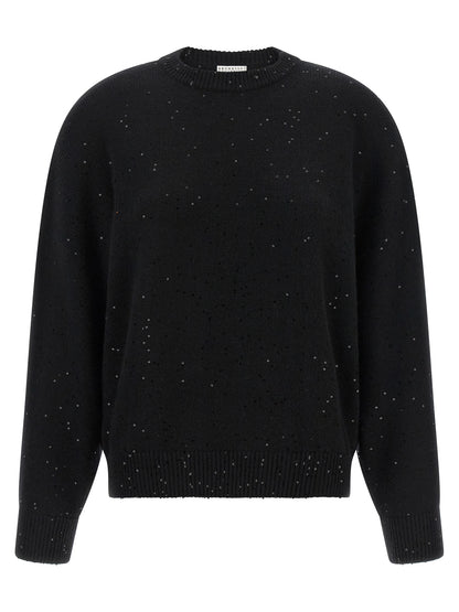 Cardigan by Brunello Cucinelli for women in silk cashmere & sequins black presents a textural silhouette, artfully finished with a textural crew neckline and long-sleeve for a sophisticated, textural look.