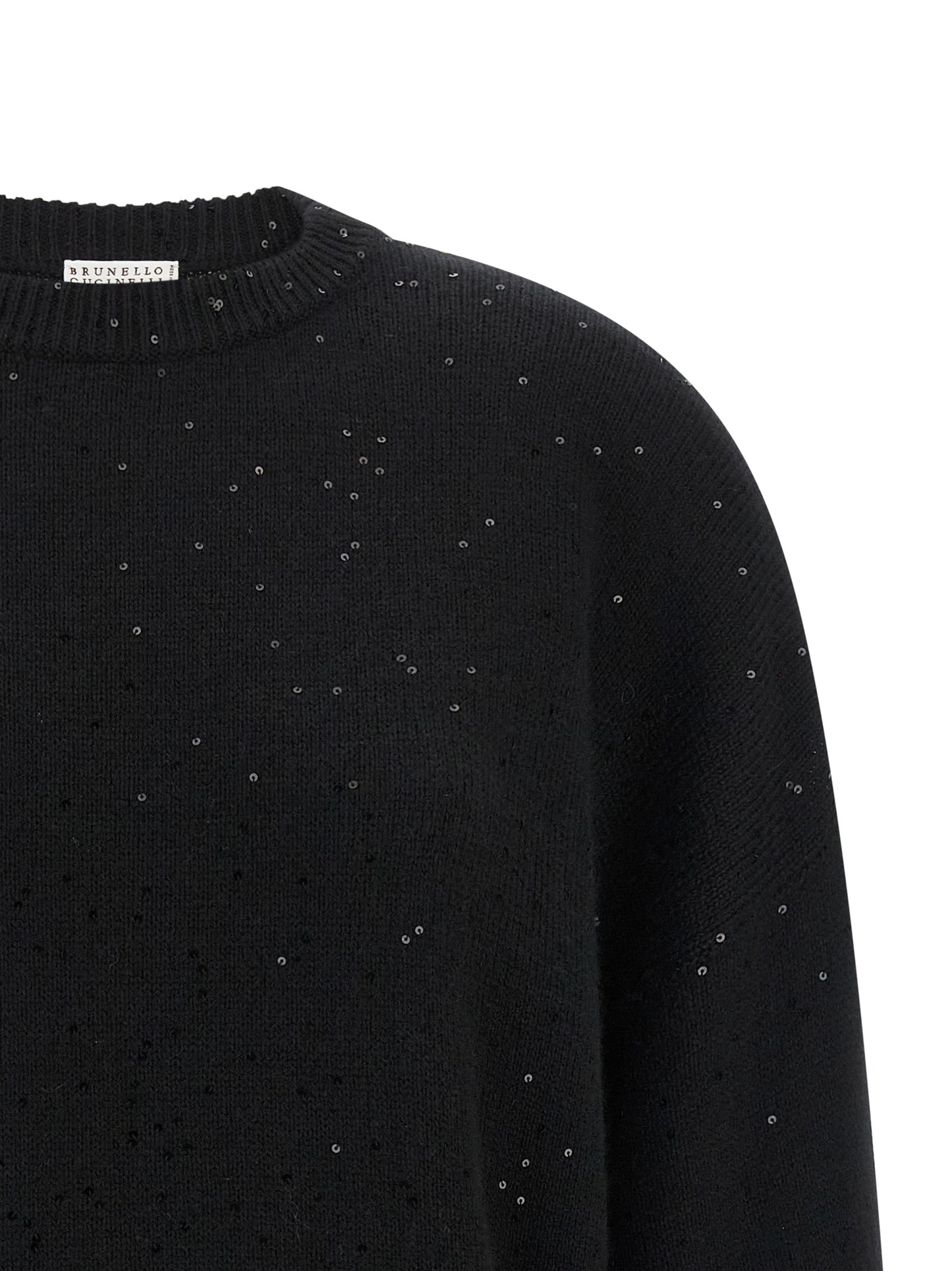 Cardigan by Brunello Cucinelli for women in silk cashmere & sequins black showcases a luxurious silhouette, meticulously detailed with a sophisticated crew neckline and for a refined finish.