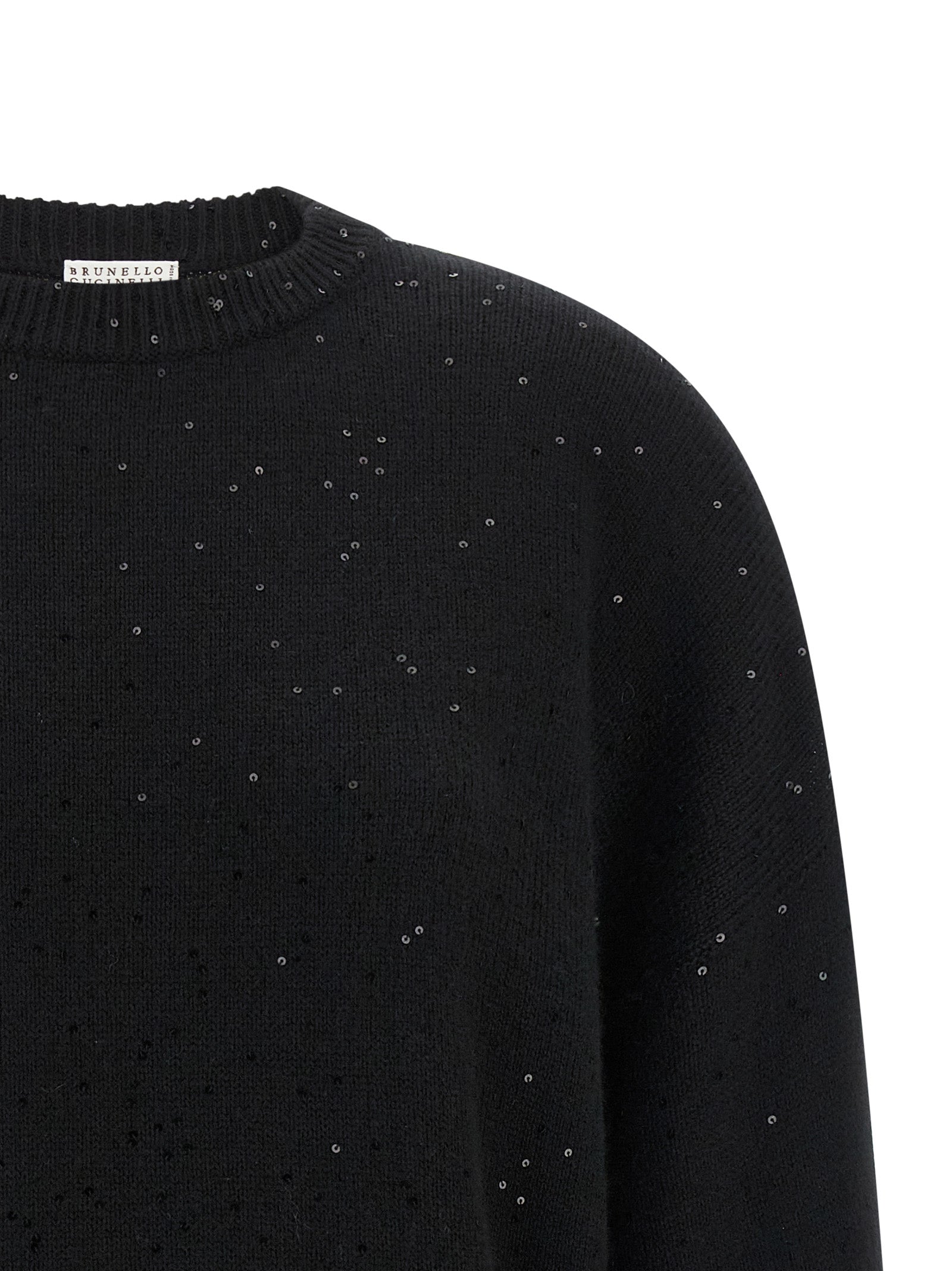 Cardigan by Brunello Cucinelli for women in silk cashmere & sequins black showcases a luxurious silhouette, meticulously detailed with a sophisticated crew neckline and for a refined finish.