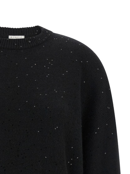 Cardigan by Brunello Cucinelli for women in silk cashmere & sequins black showcases a luxurious silhouette, meticulously detailed with a sophisticated crew neckline and for a refined finish.