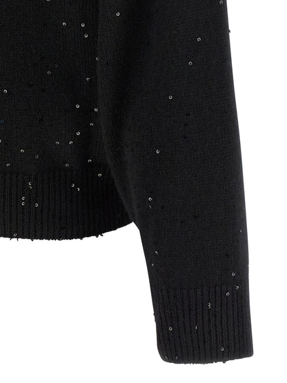 Cardigan by Brunello Cucinelli for women in silk cashmere & sequins black features a nuanced silhouette with a refined and nuanced detailing for a sophisticated look.