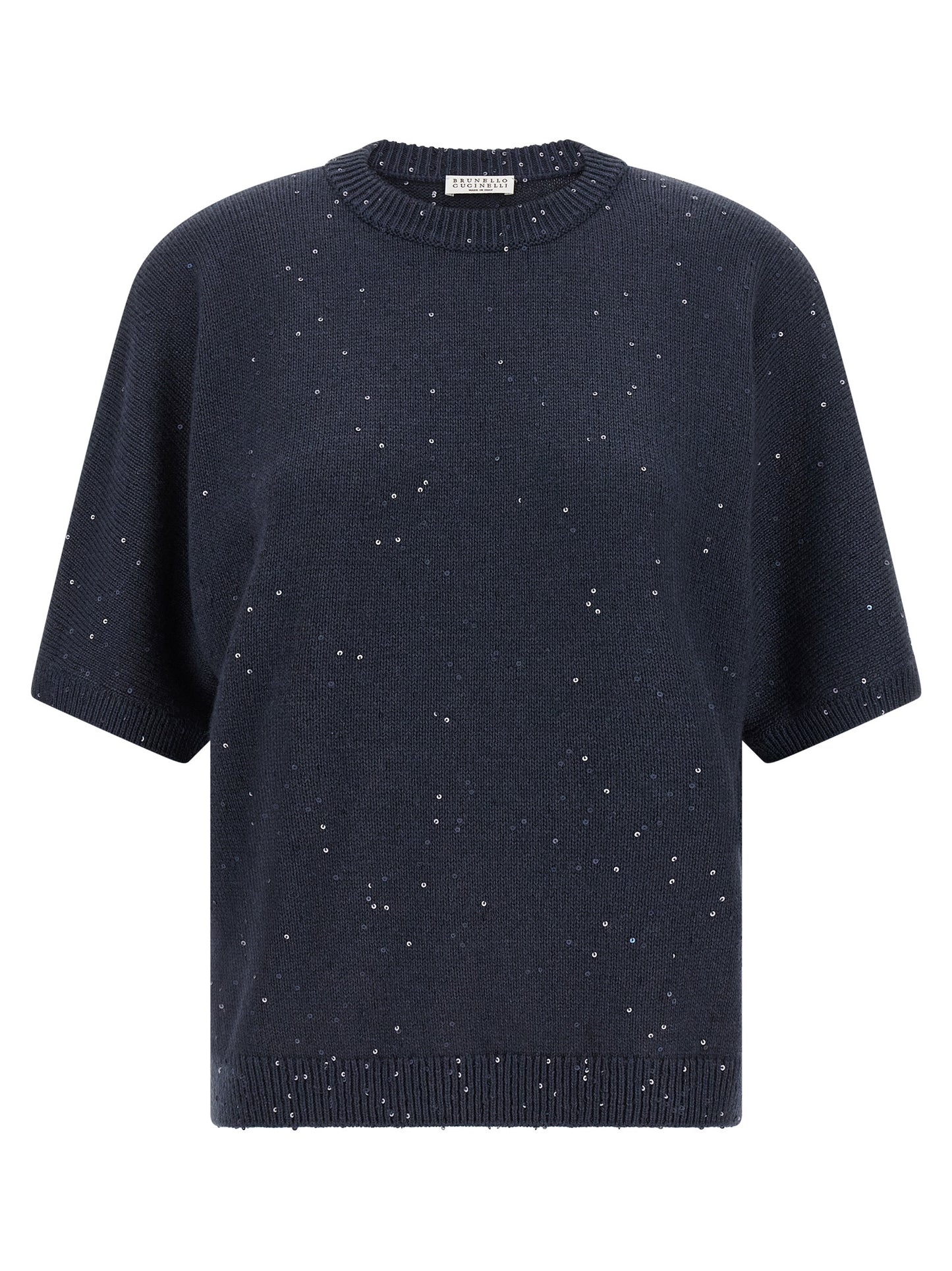 Cardigan by Brunello Cucinelli for women in silk cashmere & sequins blue features an impeccable silhouette, showcasing a sophisticated crew neckline and short-sleeve detail for a truly impeccable finish.