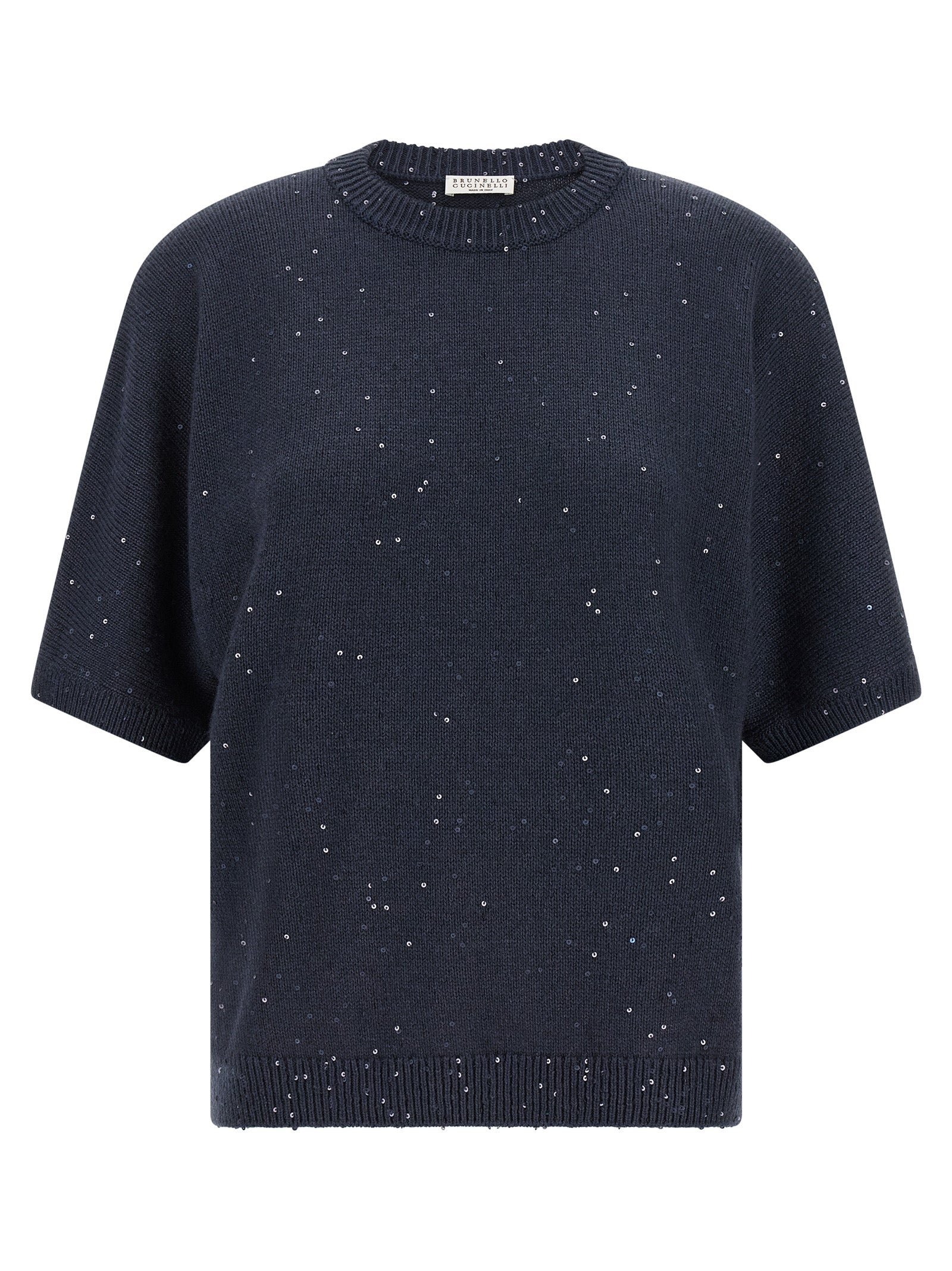 Cardigan by Brunello Cucinelli for women in silk cashmere & sequins blue features an impeccable silhouette, showcasing a sophisticated crew neckline and short-sleeve detail for a truly impeccable finish.