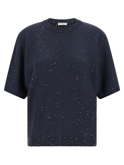 Cardigan by Brunello Cucinelli for women in silk cashmere & sequins blue features an impeccable silhouette, showcasing a sophisticated crew neckline and short-sleeve detail for a truly impeccable finish.