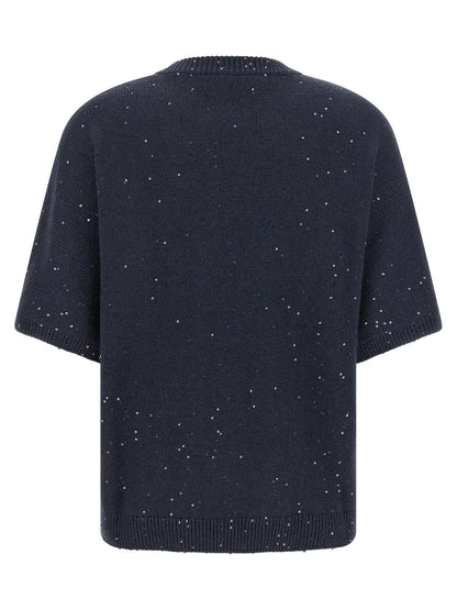 Cardigan by Brunello Cucinelli for women in silk cashmere & sequins blue features a dramatic silhouette, showcasing a sophisticated crew neckline and dramatic detail for a timeless, premium look.