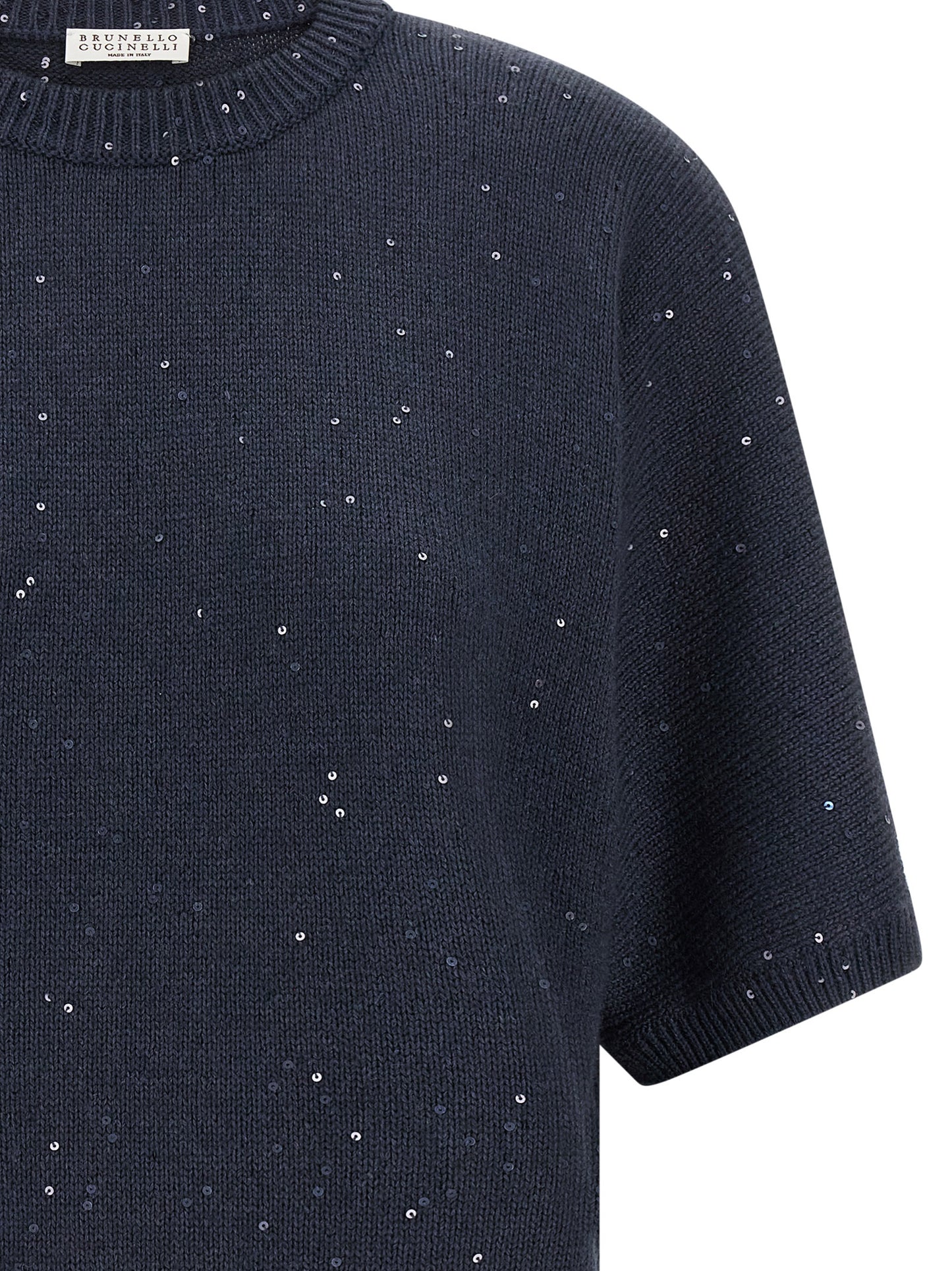 Cardigan by Brunello Cucinelli for women in silk cashmere & sequins blue showcases a captivating silhouette, artfully detailed with a captivating and crew neckline for a truly sophisticated captivating look.