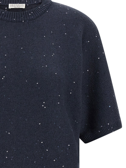 Cardigan by Brunello Cucinelli for women in silk cashmere & sequins blue showcases a captivating silhouette, artfully detailed with a captivating and crew neckline for a truly sophisticated captivating look.