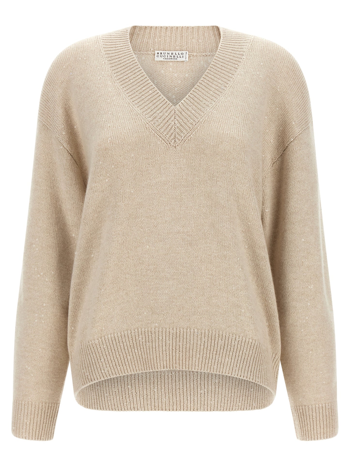 Cardigan by Brunello Cucinelli for women in silk cashmere & sequins beige showcases a captivating silhouette, artfully detailed with a captivating long-sleeve and v-neck neckline for a truly sophisticated captivating look.
