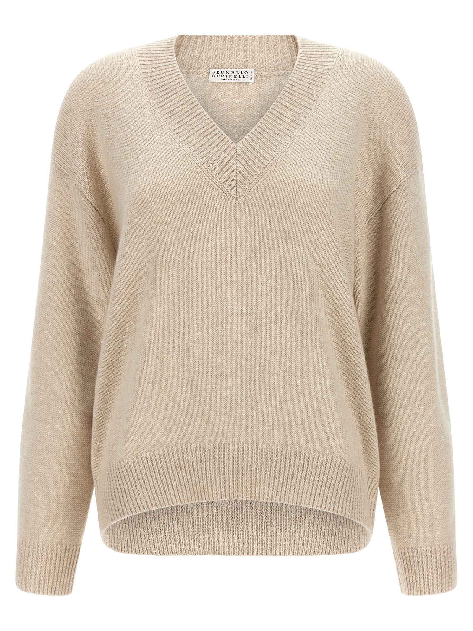 Cardigan by Brunello Cucinelli for women in silk cashmere & sequins beige showcases a captivating silhouette, artfully detailed with a captivating long-sleeve and v-neck neckline for a truly sophisticated captivating look.