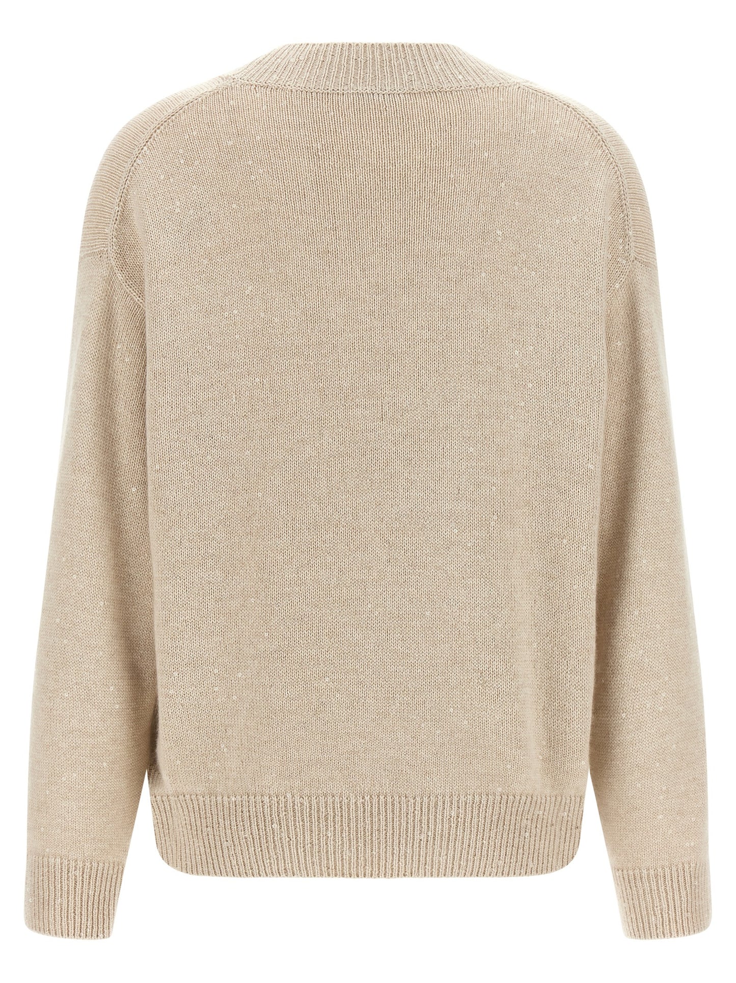 Cardigan by Brunello Cucinelli for women in silk cashmere & sequins beige presents a textural silhouette, artfully finished with a textural v-neck neckline and for a sophisticated, textural look.