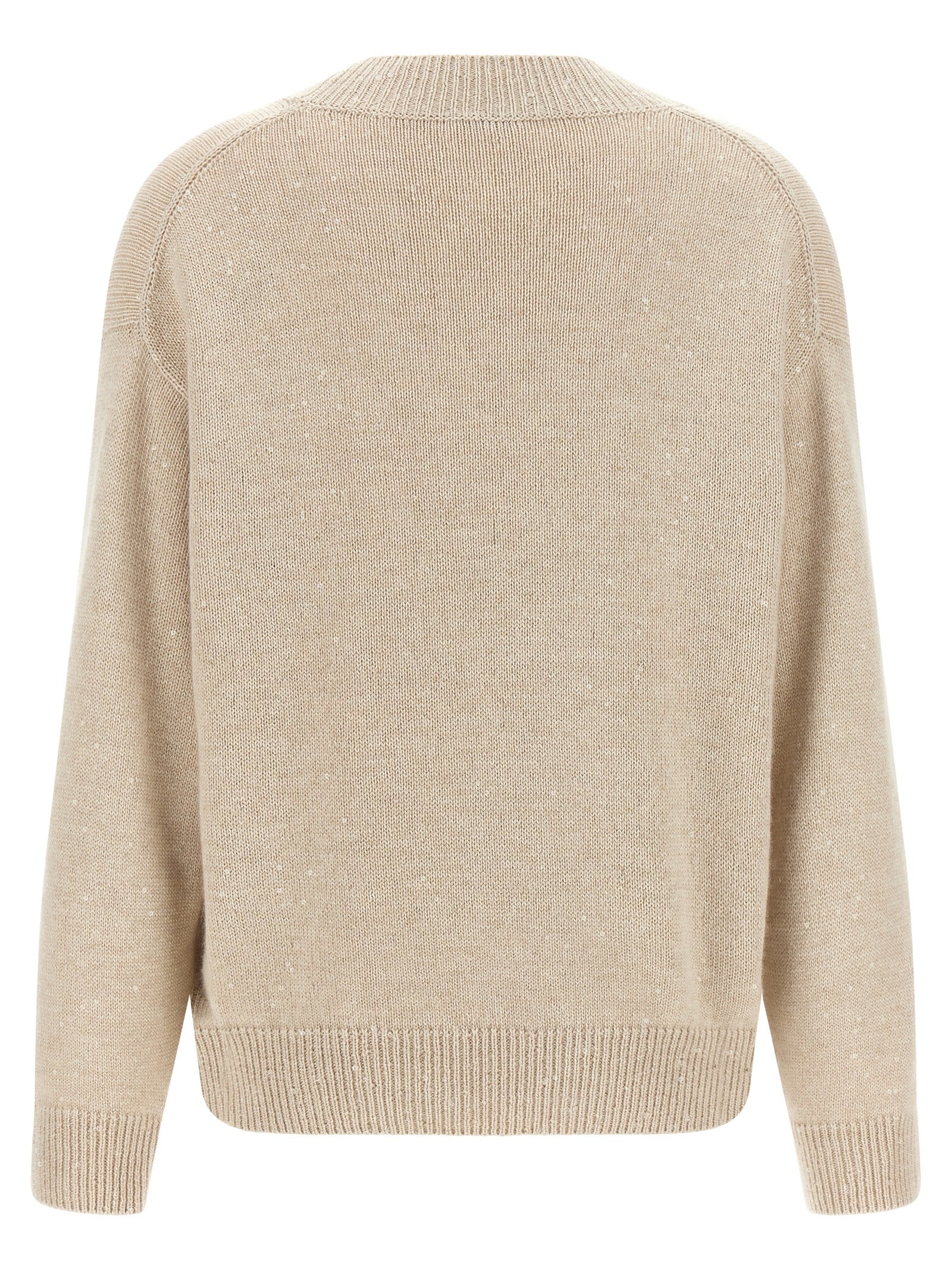 Cardigan by Brunello Cucinelli for women in silk cashmere & sequins beige presents a textural silhouette, artfully finished with a textural v-neck neckline and for a sophisticated, textural look.