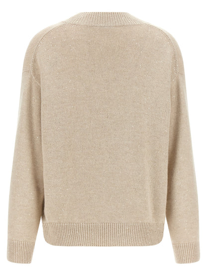 Cardigan by Brunello Cucinelli for women in silk cashmere & sequins beige presents a textural silhouette, artfully finished with a textural v-neck neckline and for a sophisticated, textural look.
