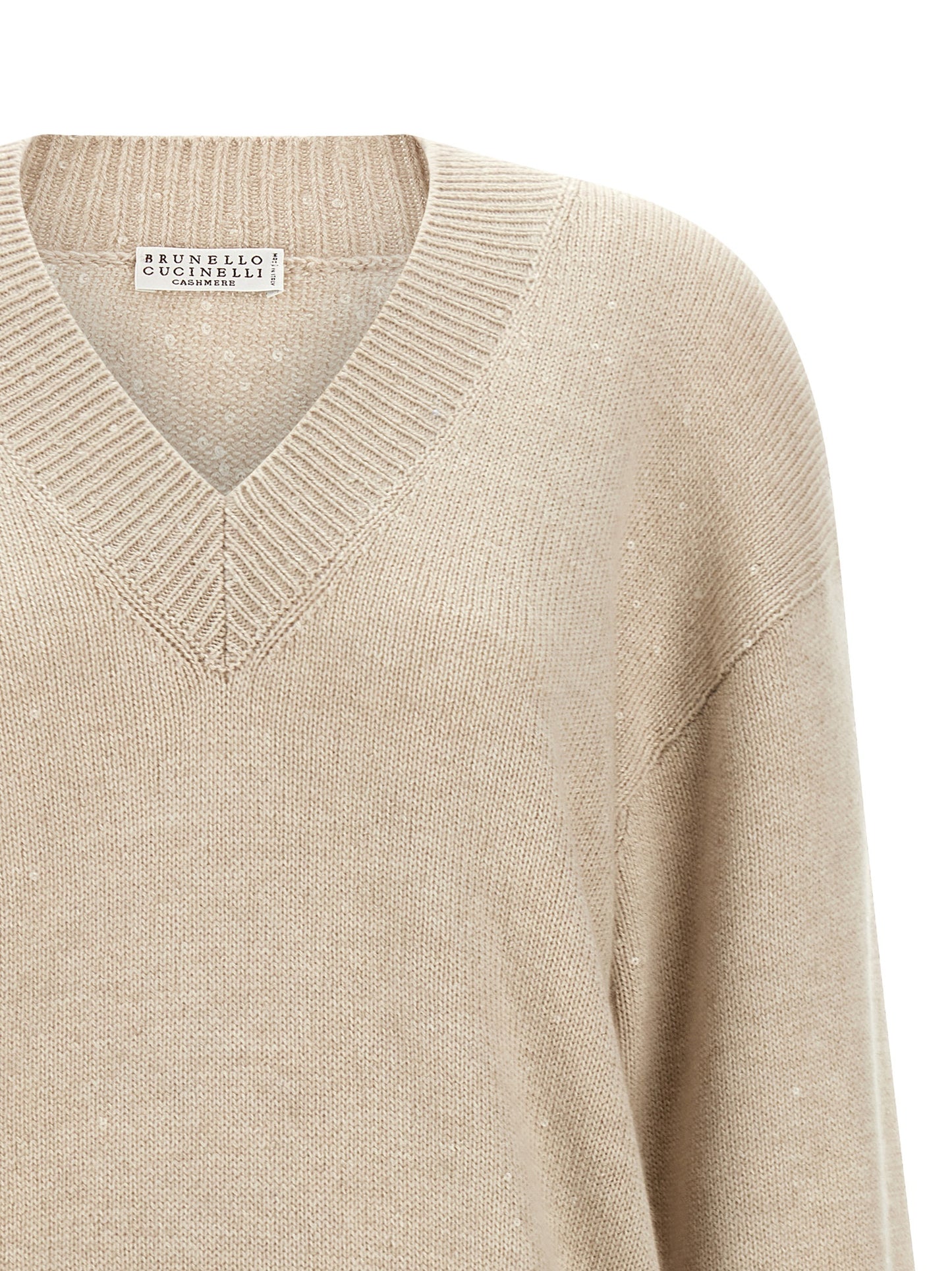 Cardigan by Brunello Cucinelli for women in silk cashmere & sequins beige features a nuanced silhouette with a refined v-neck neckline and nuanced detailing for a sophisticated look.