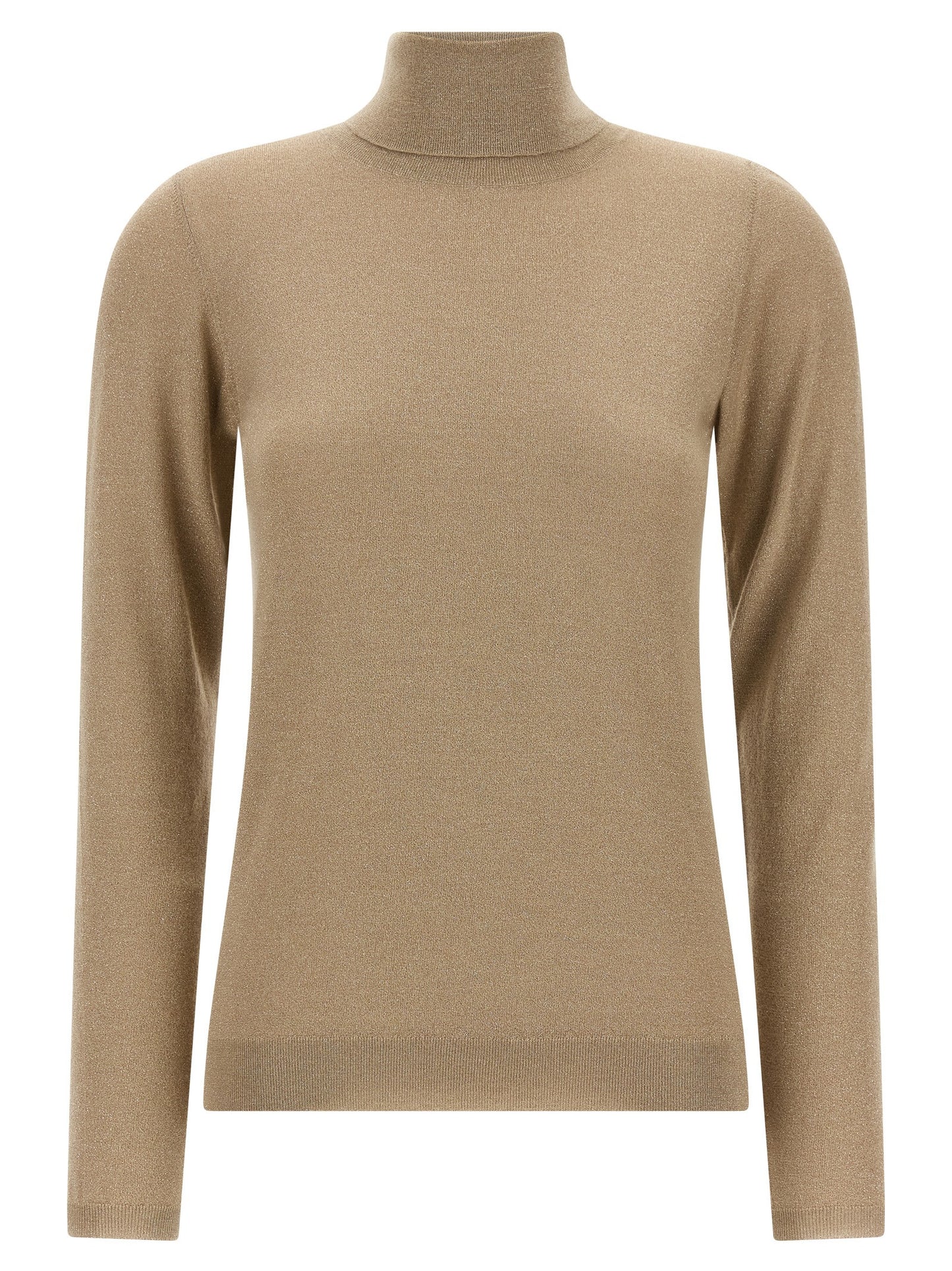Cardigan by Brunello Cucinelli for women in silk cashmere & polyester beige features a dramatic silhouette, showcasing a sophisticated turtle high-neck neckline and dramatic detail for a timeless, premium look.