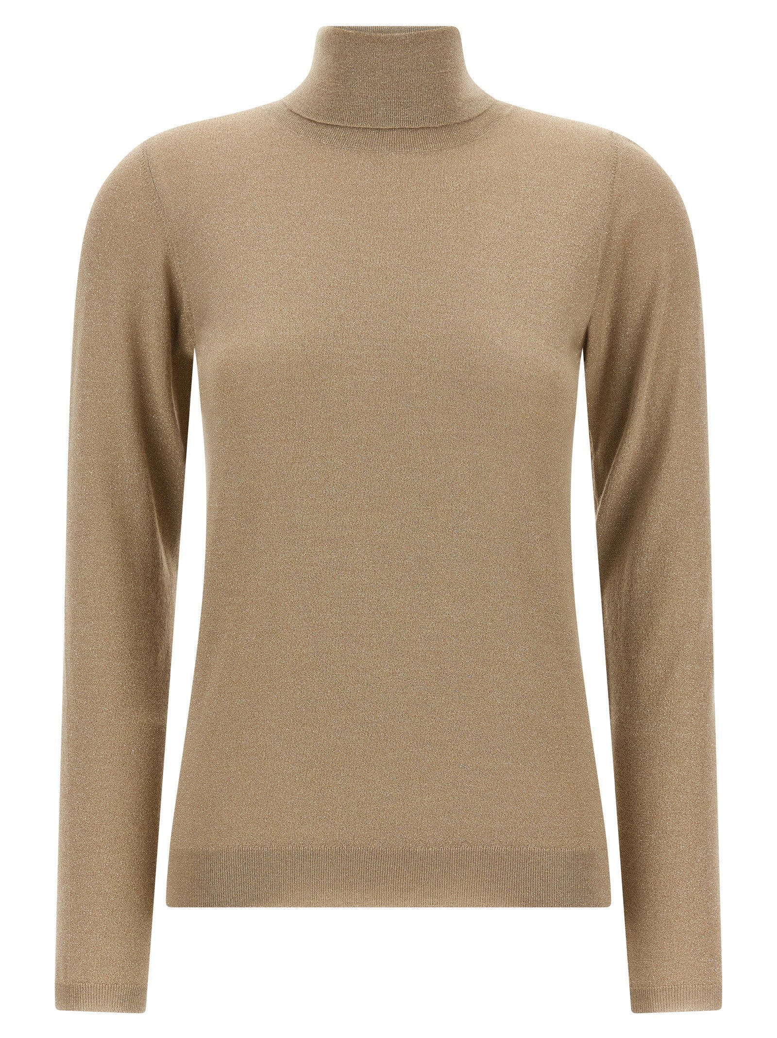 Cardigan by Brunello Cucinelli for women in silk cashmere & polyester beige features a dramatic silhouette, showcasing a sophisticated turtle high-neck neckline and dramatic detail for a timeless, premium look.