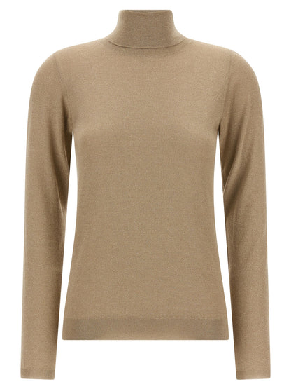 Cardigan by Brunello Cucinelli for women in silk cashmere & polyester beige features a dramatic silhouette, showcasing a sophisticated turtle high-neck neckline and dramatic detail for a timeless, premium look.