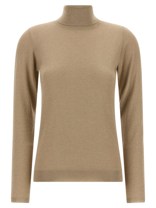 Cardigan by Brunello Cucinelli for women in silk cashmere & polyester beige features a dramatic silhouette, showcasing a sophisticated turtle high-neck neckline and dramatic detail for a timeless, premium look.
