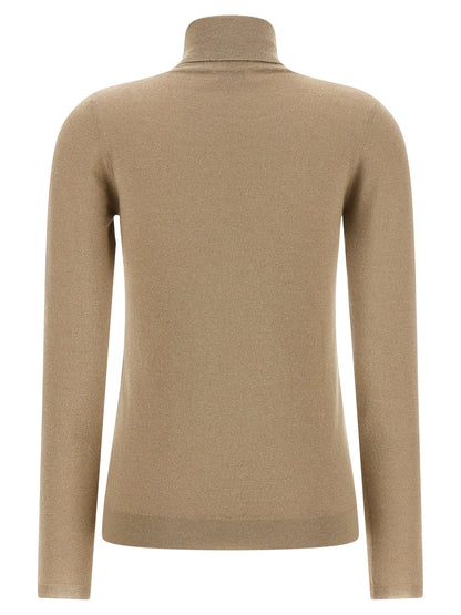 Cardigan by Brunello Cucinelli for women in silk cashmere & polyester beige features an crisp silhouette, showcasing a sophisticated turtle high-neck neckline and detail for a truly crisp finish.