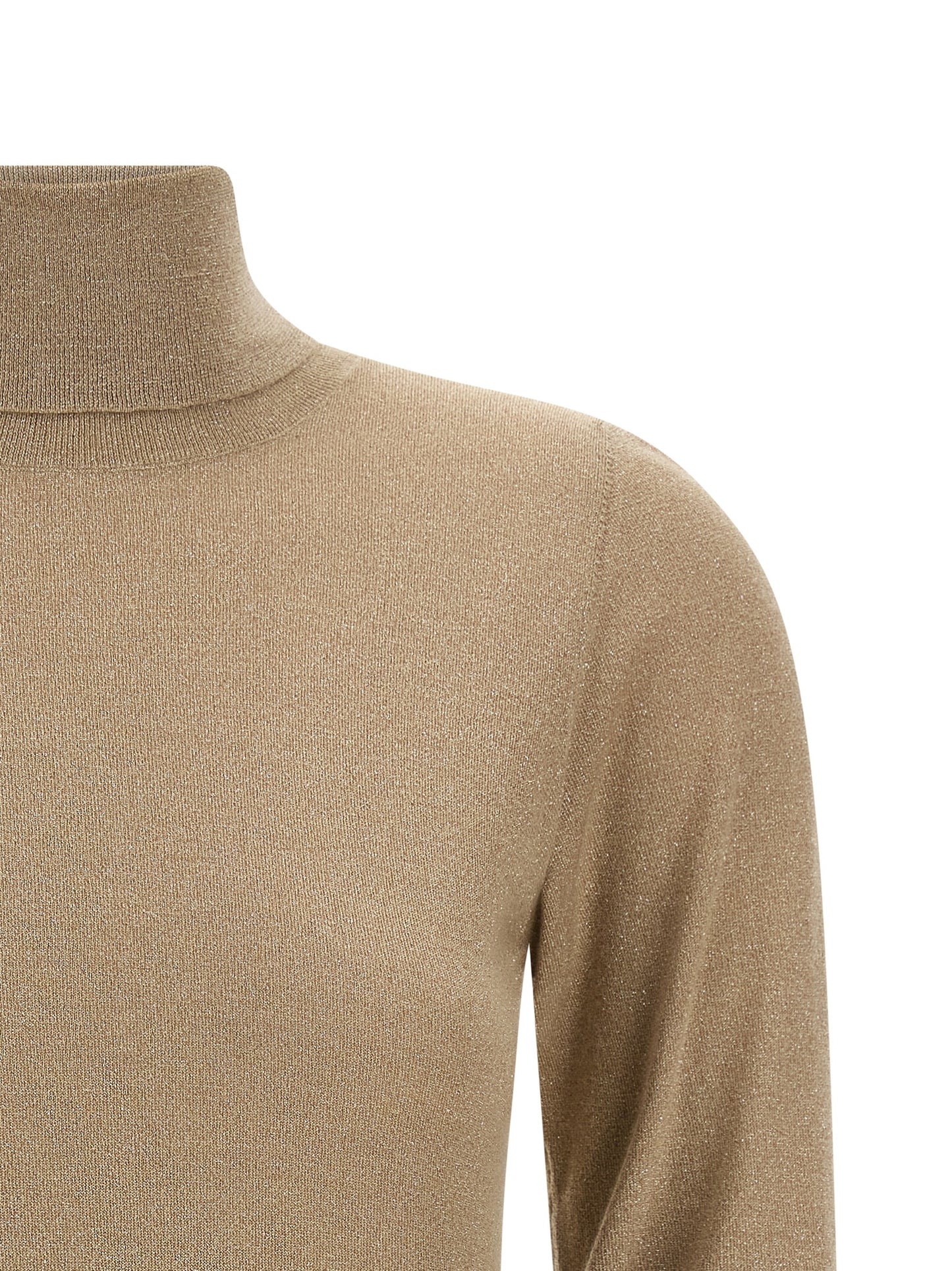 Cardigan by Brunello Cucinelli for women in silk cashmere & polyester beige features a nuanced silhouette with a refined turtle high-neck neckline and nuanced detailing for a sophisticated look.