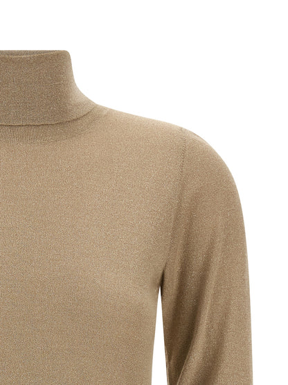Cardigan by Brunello Cucinelli for women in silk cashmere & polyester beige features a nuanced silhouette with a refined turtle high-neck neckline and nuanced detailing for a sophisticated look.