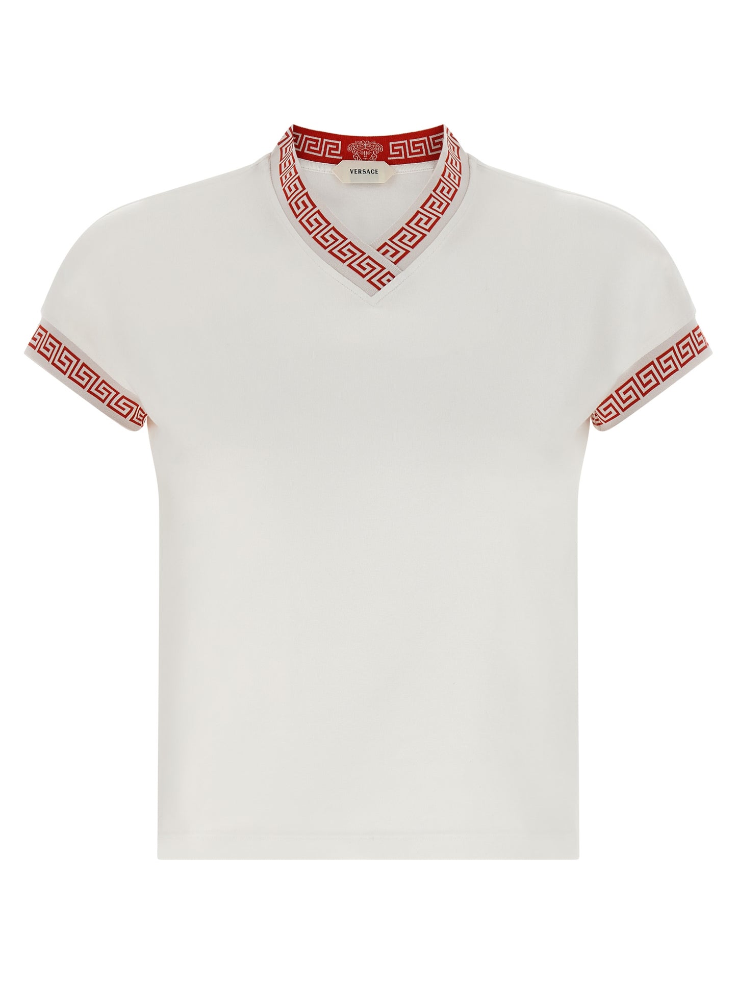 Activewear T-Shirt by Versace for women in stretch cotton multicolor, red, patterned & jacquard features a dynamic silhouette with and v-neck neckline enhanced by functional .