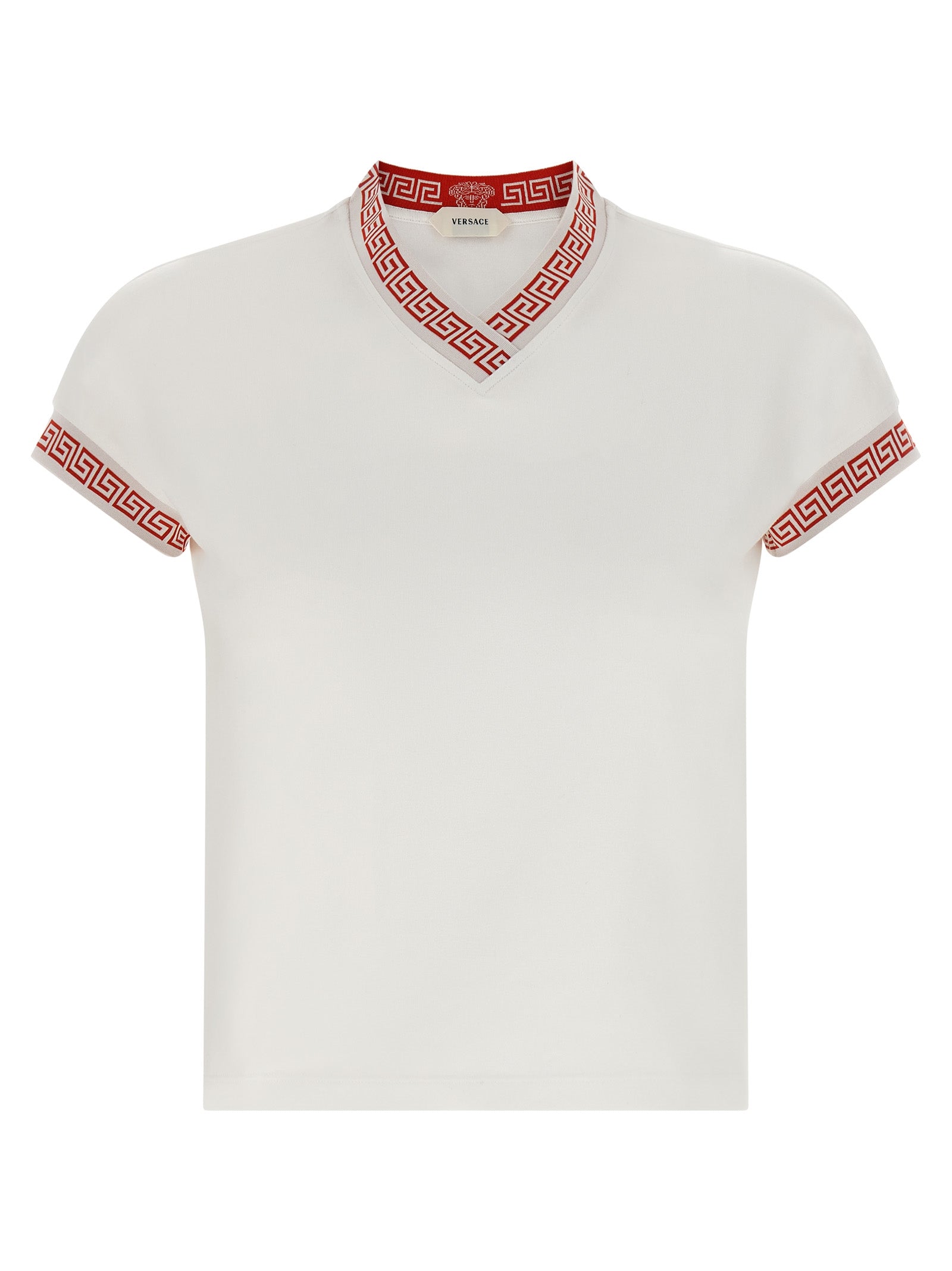 Activewear T-Shirt by Versace for women in stretch cotton multicolor, red, patterned & jacquard features a dynamic silhouette with and v-neck neckline enhanced by functional .