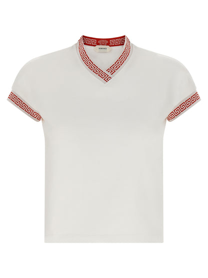Activewear T-Shirt by Versace for women in stretch cotton multicolor, red, patterned & jacquard features a dynamic silhouette with and v-neck neckline enhanced by functional .