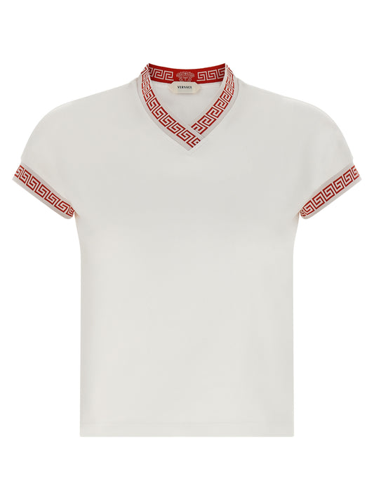 Activewear T-Shirt by Versace for women in stretch cotton multicolor, red, patterned & jacquard features a dynamic silhouette with and v-neck neckline enhanced by functional .
