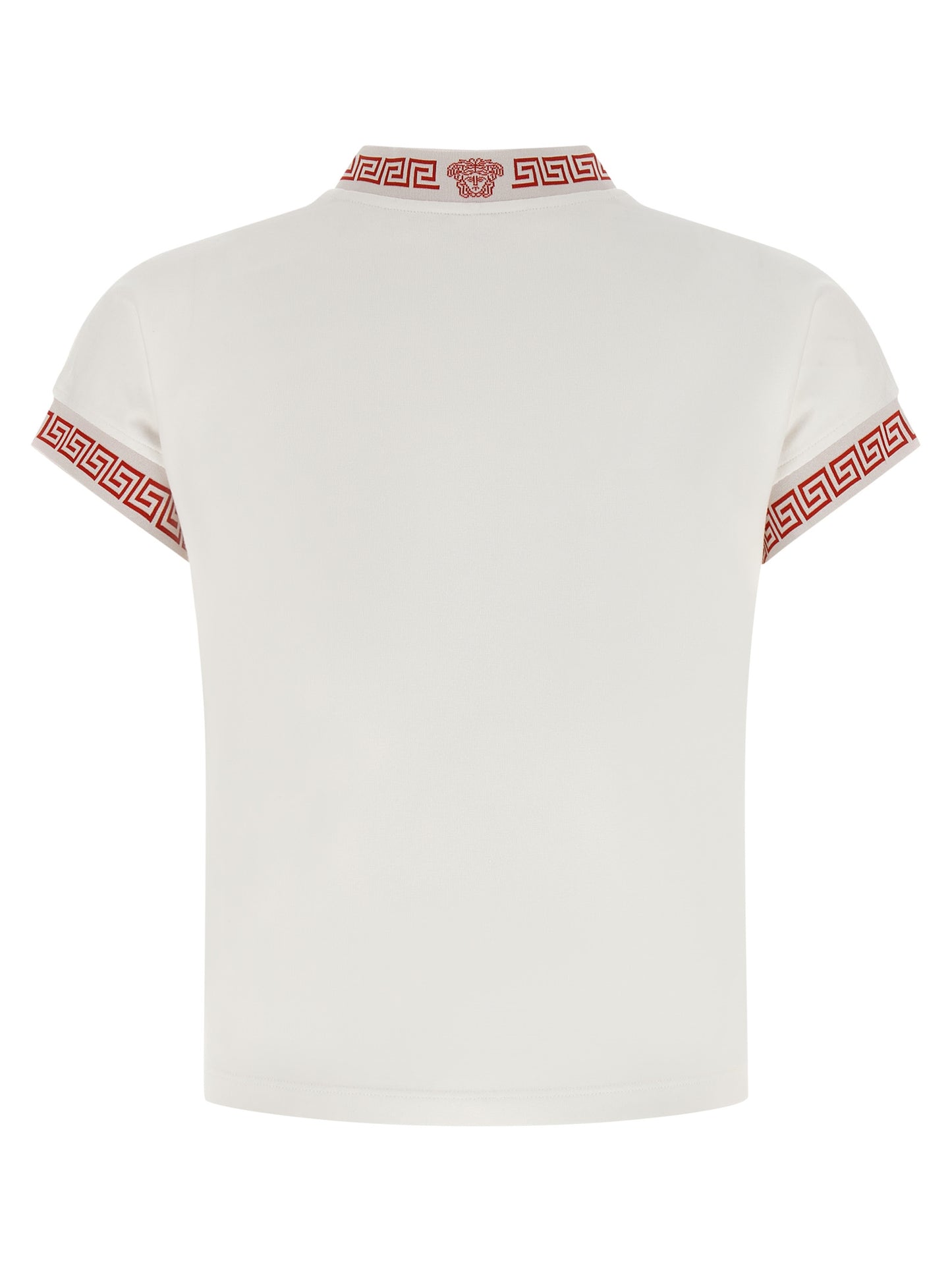 Activewear T-Shirt by Versace for women in stretch cotton multicolor, red, patterned & jacquard features a versatile silhouette, showcasing a versatile v-neck neckline and detailed with high-performance for a premium look.