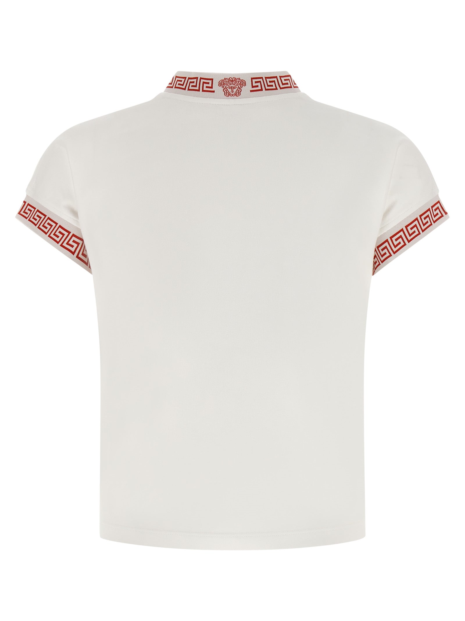 Activewear T-Shirt by Versace for women in stretch cotton multicolor, red, patterned & jacquard features a versatile silhouette, showcasing a versatile v-neck neckline and detailed with high-performance for a premium look.