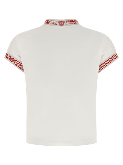 Activewear T-Shirt by Versace for women in stretch cotton multicolor, red, patterned & jacquard features a versatile silhouette, showcasing a versatile v-neck neckline and detailed with high-performance for a premium look.