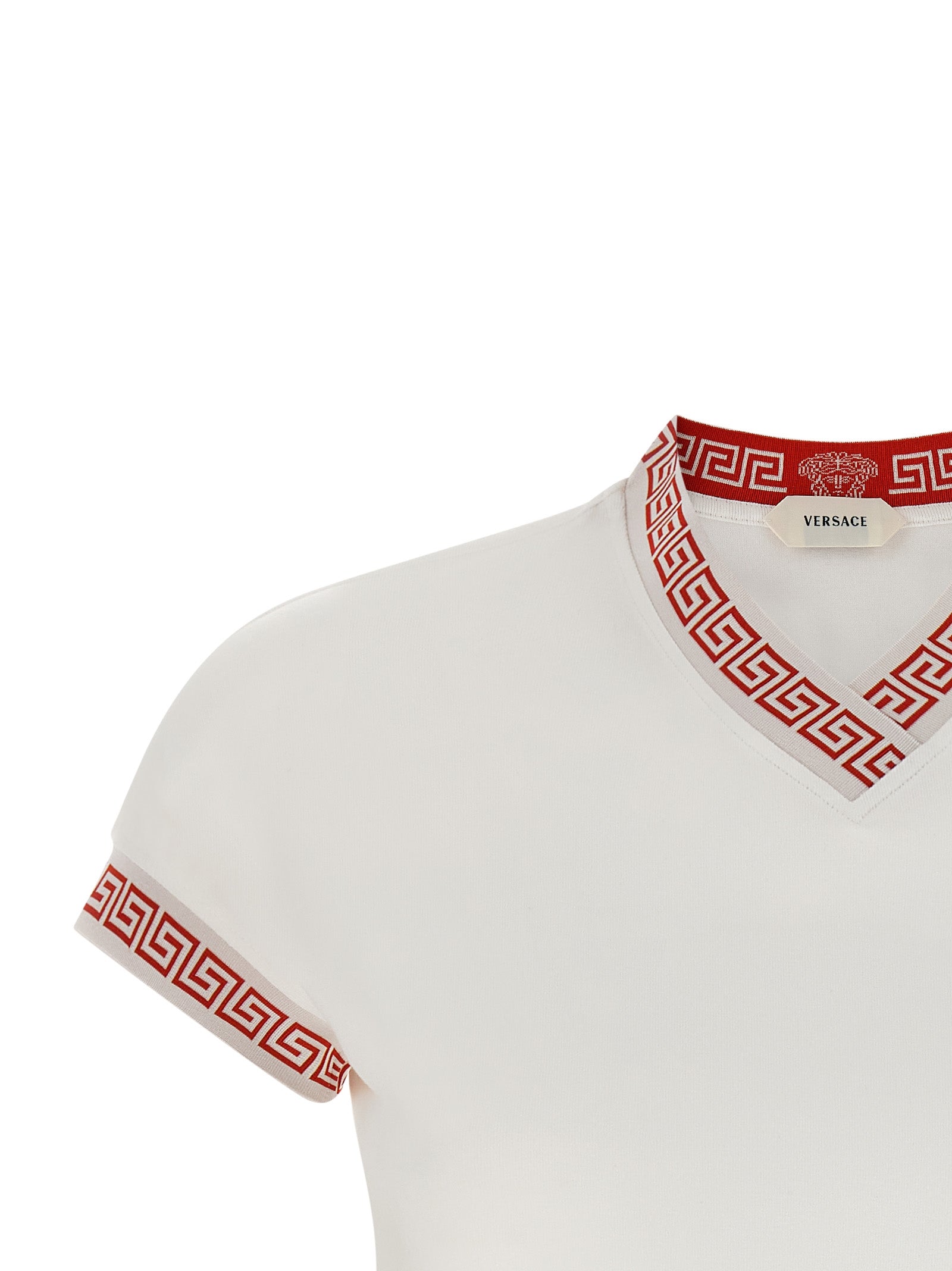 Activewear T-Shirt by Versace for women in stretch cotton multicolor, red, patterned & jacquard presents a kinetic silhouette, showcasing the kinetic and v-neck neckline alongside functional for a premium, athletic look.