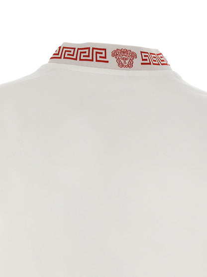 Activewear T-Shirt by Versace for women in stretch cotton multicolor, red, patterned & jacquard features an athletic silhouette with sleeves and a neckline, enhanced by high-performance .