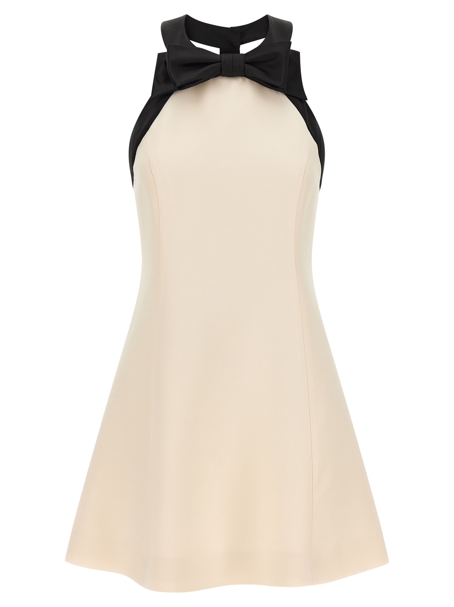Dress by Valentino Garavani for women in silk crepe & virgin wool bicolour, black & white features an eye catching silhouette with a sophisticated , elegant sleeveless, and a refined short mini for a eye catching aesthetic.