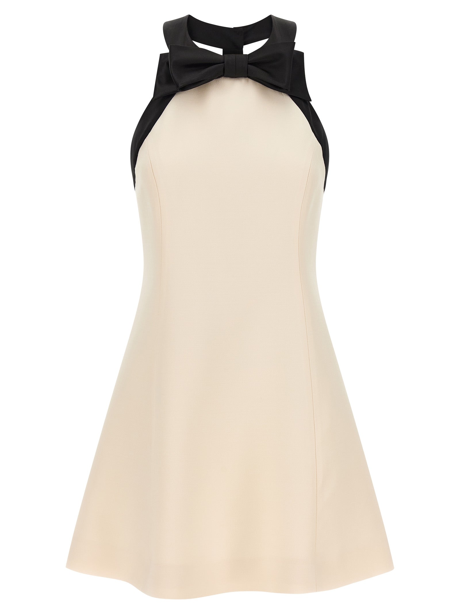 Dress by Valentino Garavani for women in silk crepe & virgin wool bicolour, black & white features an eye catching silhouette with a sophisticated , elegant sleeveless, and a refined short mini for a eye catching aesthetic.