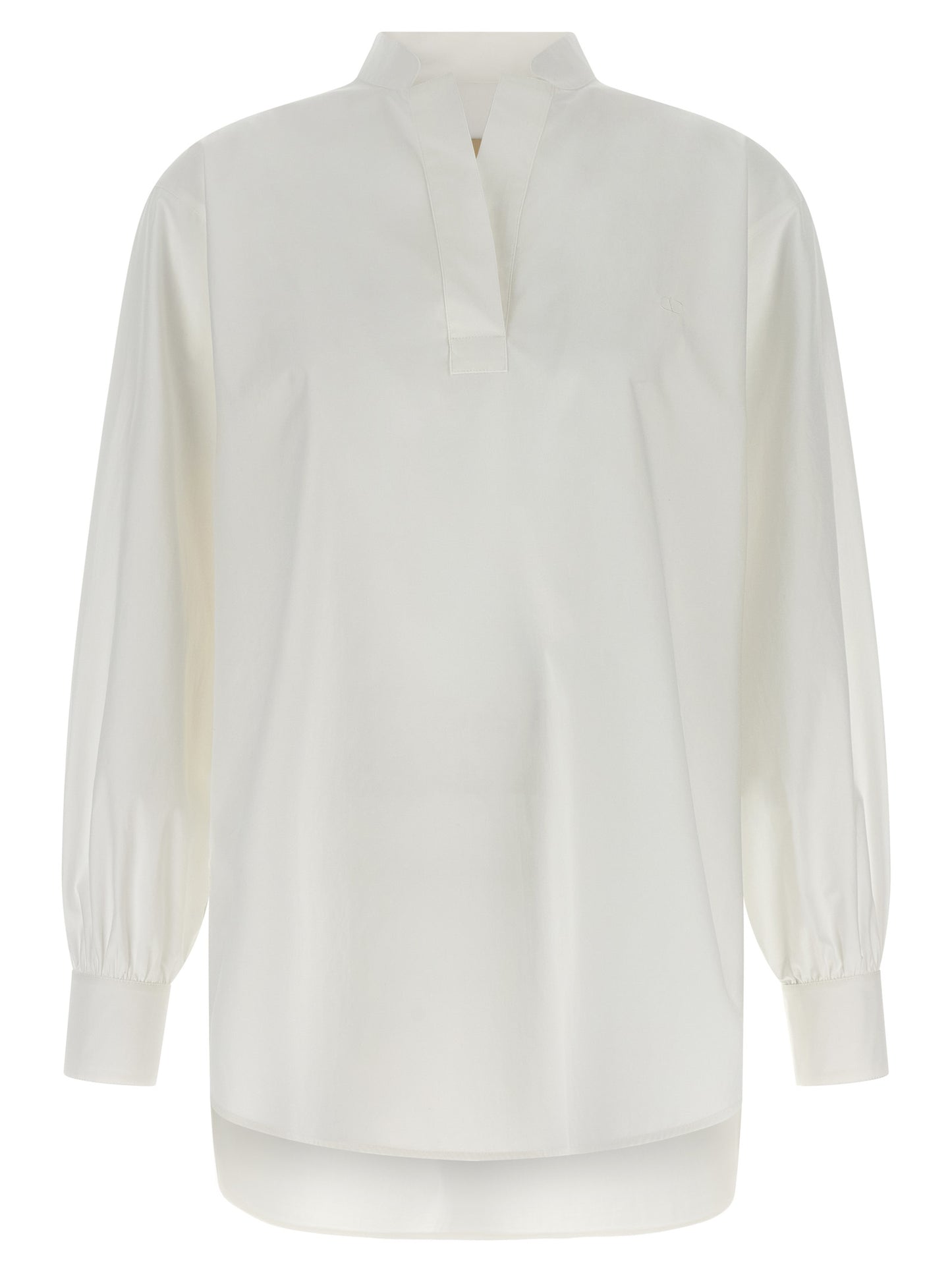 Shirt by Valentino Garavani for women in cotton white showcases a sleek silhouette, elegantly detailed with a sleek v-neck high-neck neckline and long-sleeve for a sleek finish.