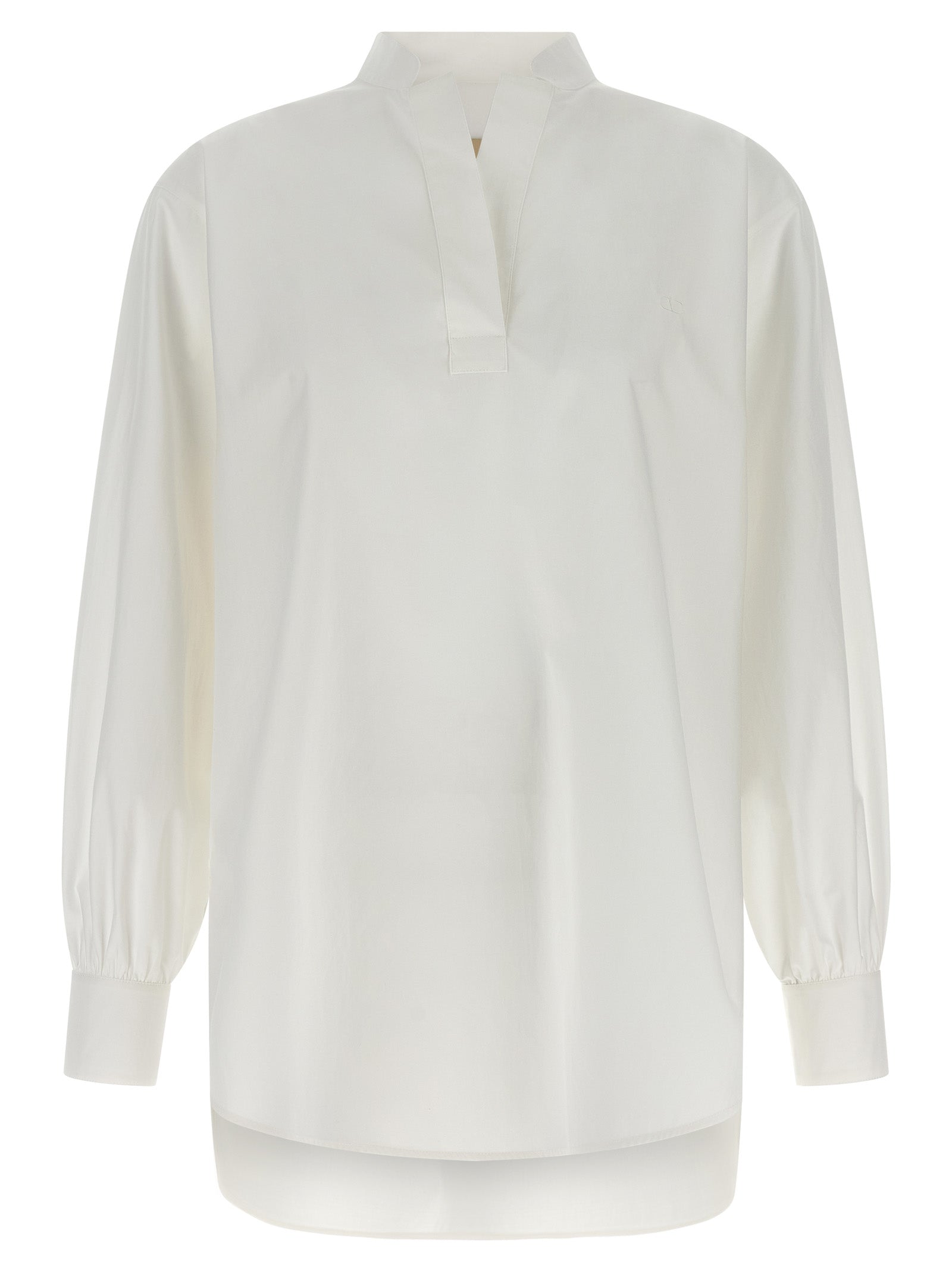 Shirt by Valentino Garavani for women in cotton white showcases a sleek silhouette, elegantly detailed with a sleek v-neck high-neck neckline and long-sleeve for a sleek finish.