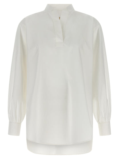 Shirt by Valentino Garavani for women in cotton white showcases a sleek silhouette, elegantly detailed with a sleek v-neck high-neck neckline and long-sleeve for a sleek finish.