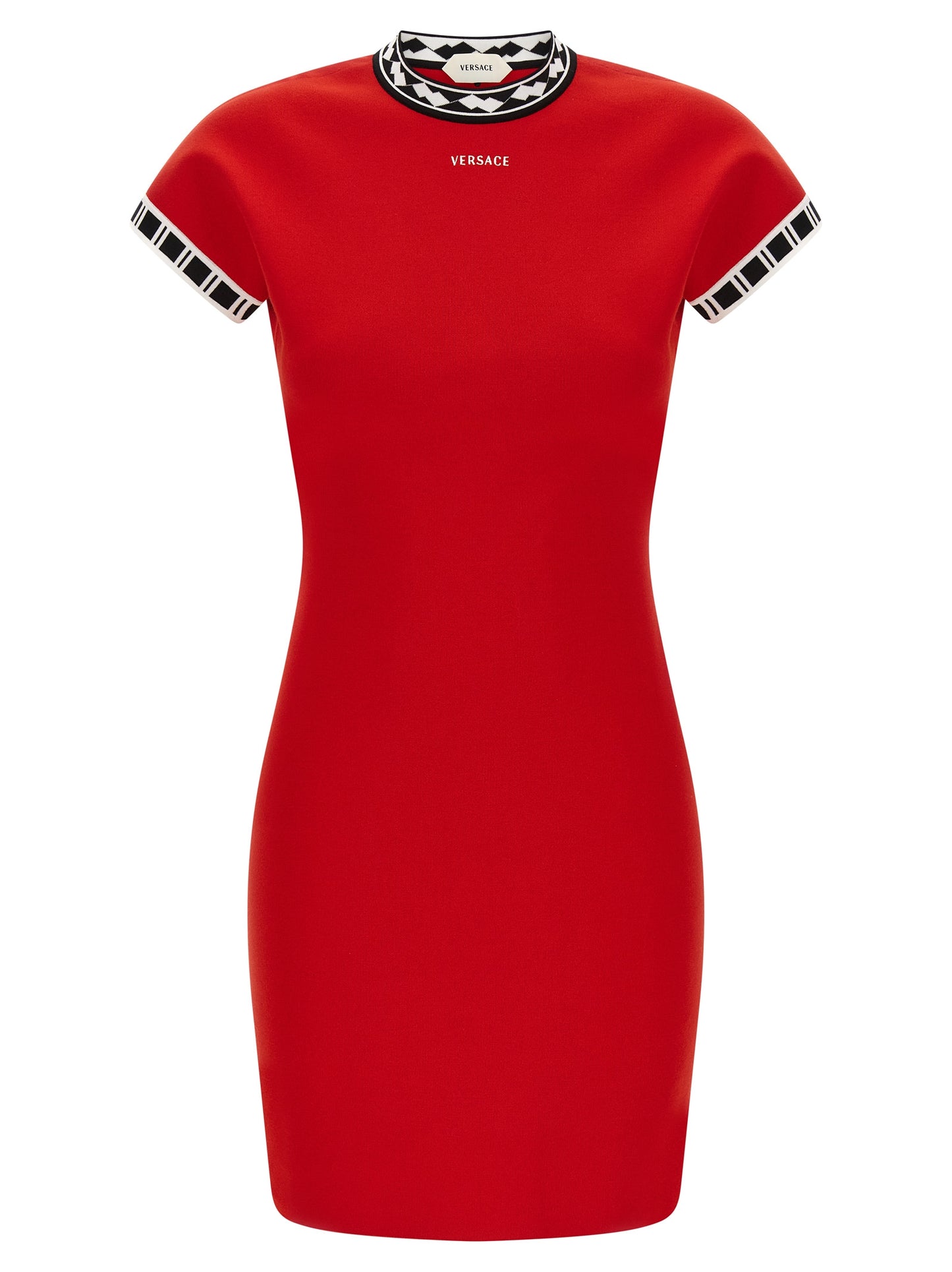 Dress by Versace for women in cotton multicolor, red, patterned & jacquard features an sultry silhouette defined by a and , falling to an sultry short mini for a sultry look.