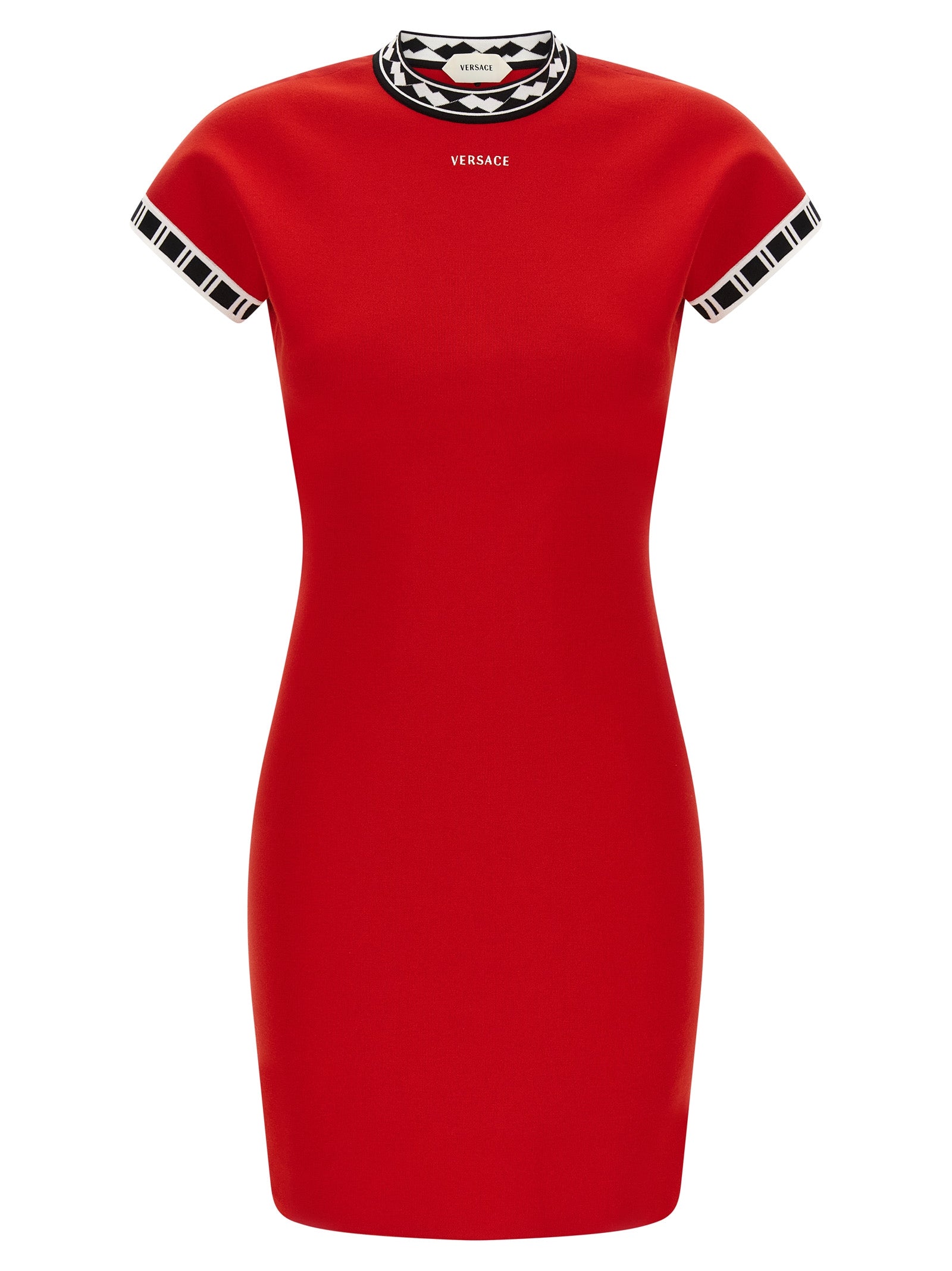 Dress by Versace for women in cotton multicolor, red, patterned & jacquard features an sultry silhouette defined by a and , falling to an sultry short mini for a sultry look.