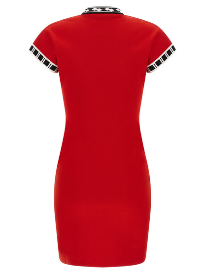 Dress by Versace for women in cotton multicolor, red, patterned & jacquard presents a sinuous silhouette, showcasing a sophisticated and detailed with a sinuous short mini for a refined finish.