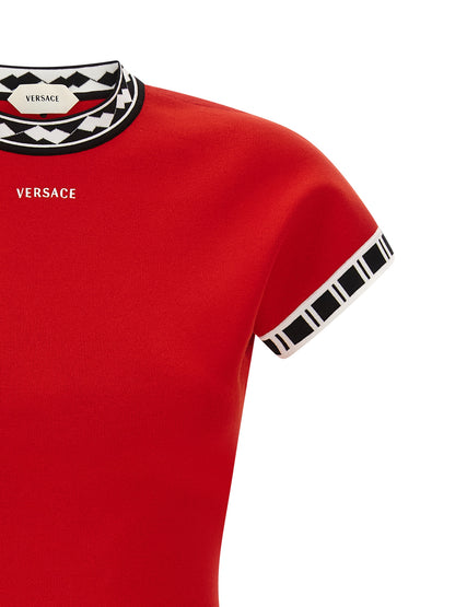 Dress by Versace for women in cotton multicolor, red, patterned & jacquard showcases a striking silhouette, elegantly detailed with a , refined , and a striking short mini for a striking finish.