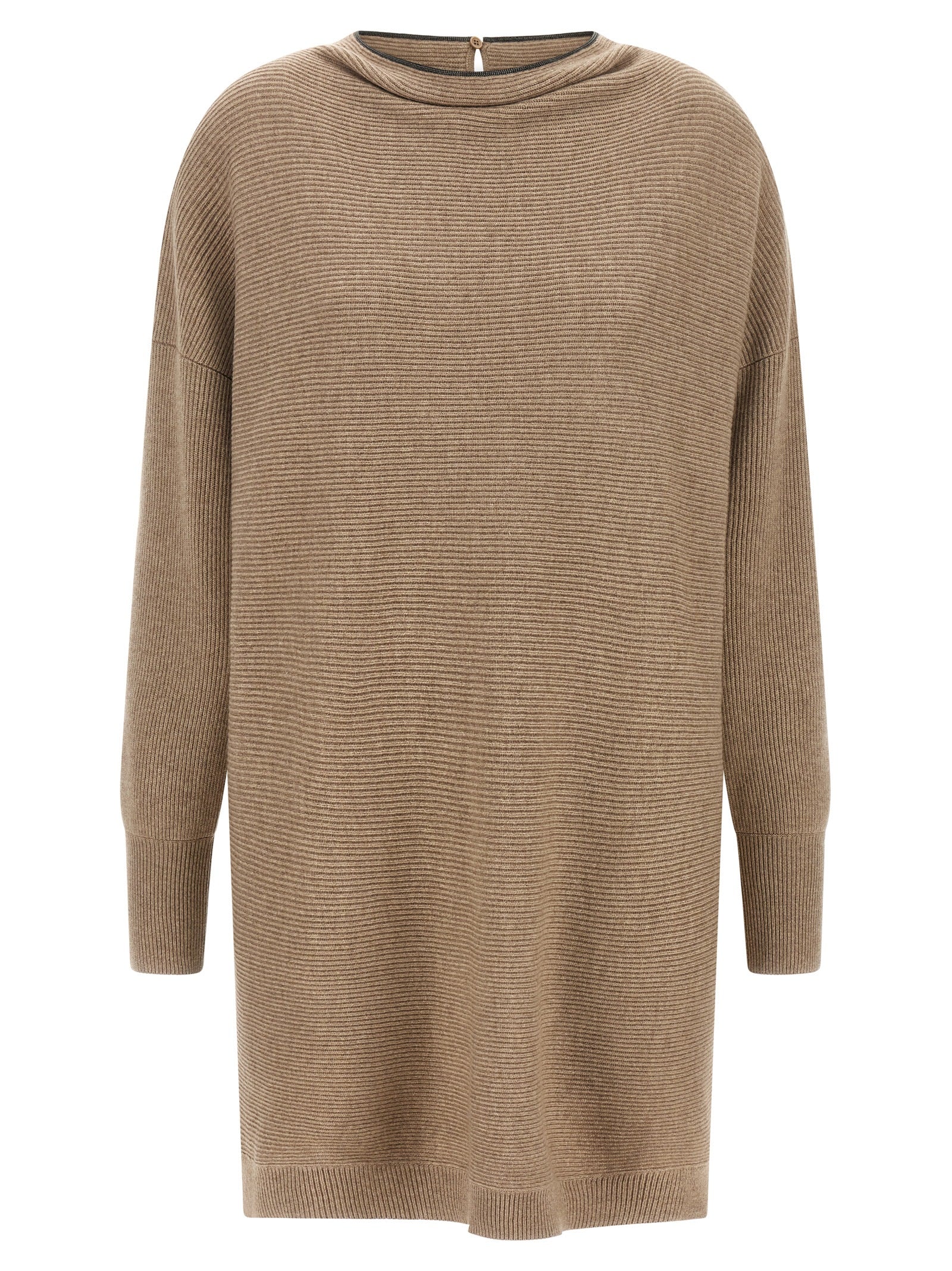 Dress by Brunello Cucinelli for women in silk cashmere virgin wool beige & patterned presents a sinuous silhouette, showcasing a sophisticated boat neckline and long-sleeve detailed with a sinuous short mini for a refined finish.