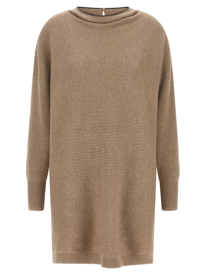 Dress by Brunello Cucinelli for women in silk cashmere virgin wool beige & patterned presents a sinuous silhouette, showcasing a sophisticated boat neckline and long-sleeve detailed with a sinuous short mini for a refined finish.