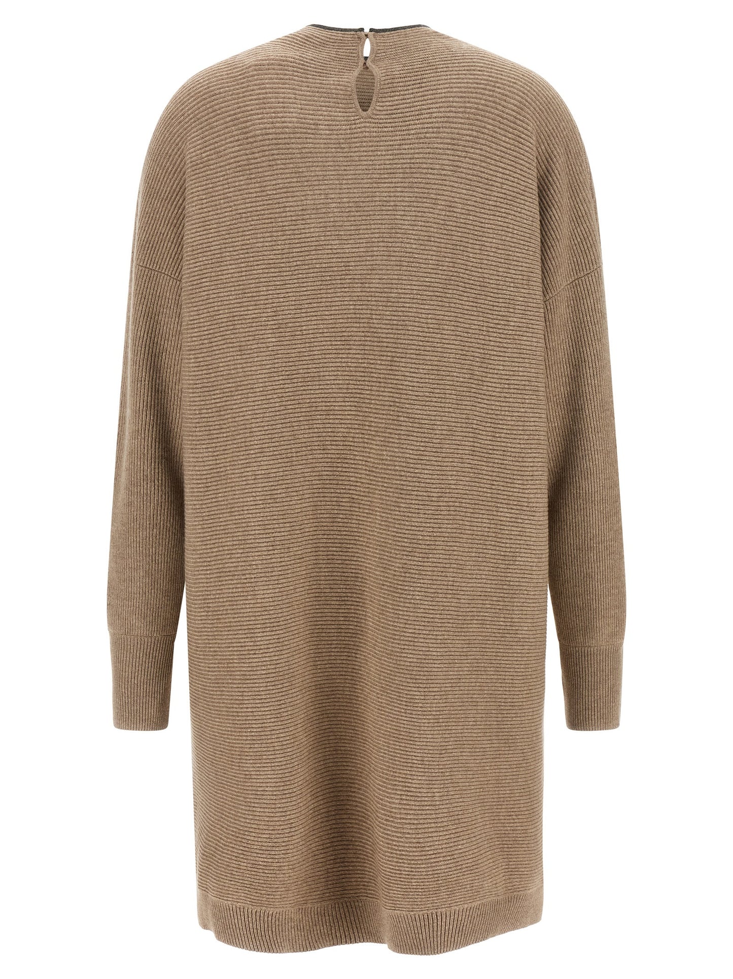 Dress by Brunello Cucinelli for women in silk cashmere virgin wool beige & patterned features a dramatic silhouette, showcasing an elegant boat neckline and that flows into a dramatic short mini.