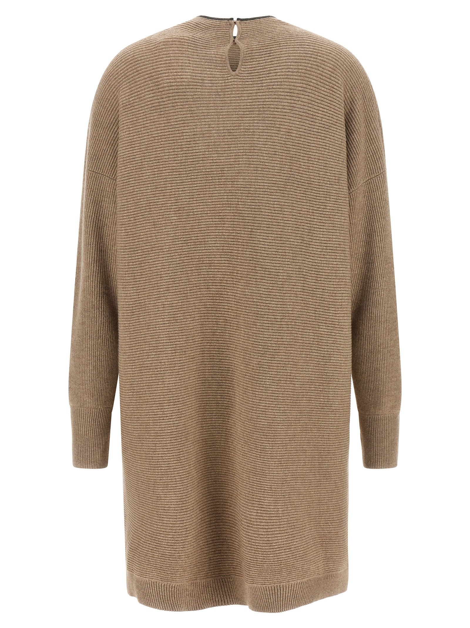 Dress by Brunello Cucinelli for women in silk cashmere virgin wool beige & patterned features a dramatic silhouette, showcasing an elegant boat neckline and that flows into a dramatic short mini.