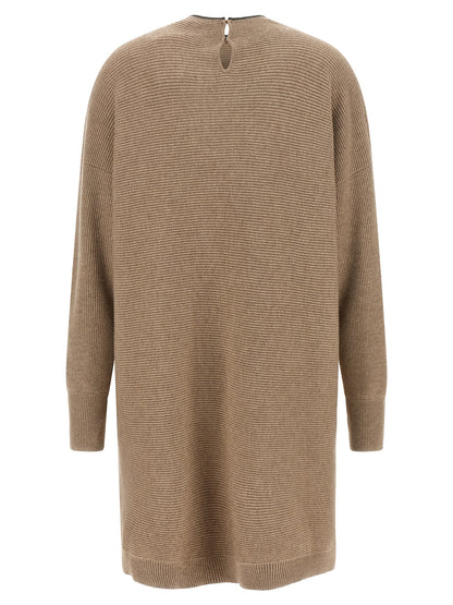 Dress by Brunello Cucinelli for women in silk cashmere virgin wool beige & patterned features a dramatic silhouette, showcasing an elegant boat neckline and that flows into a dramatic short mini.